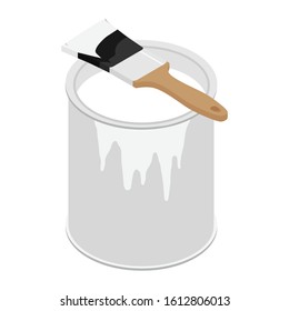 Metal Paint Can With White Paint And Paintbrush With Wooden Handle Vector Illustration