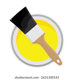 Pintura de metal pode com tinta amarela e pincel com ilustração de vetor de punho de madeira