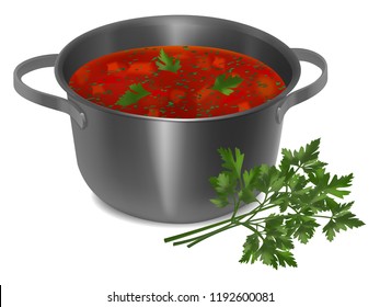 Metal pan with red soup and parsley on white background. Realistic style. Vector illustration.