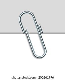 Metal paper clip and paper isolated on white background. Vector Illustration