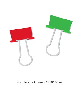 Metal paper clip of red and green color isolated on white background. Attach symbol realistic vector illustration. Fastener to hold papers together, fix accessory in flat design, attachment element