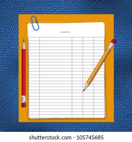Metal paper clip and paper sheet grid with pencils on blue leather pad,Vector