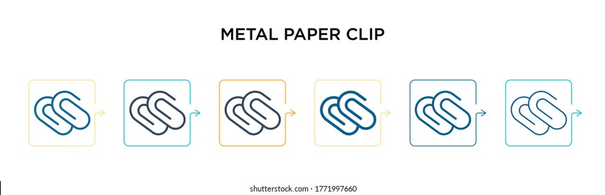 Metal paper clip vector icon in 6 different modern styles. Black, two colored metal paper clip icons designed in filled, outline, line and stroke style. Vector illustration can be used for web, 