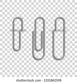 Metal paper clips isolated on transparent background. Metal paper clips attached to paper. Vector illustration