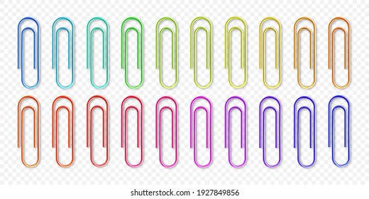 Metal paper clips isolated on transparent background. Realistic colorful page holder, binder. Vector illustration.