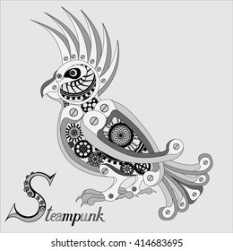 Metal parrot with gear wheels. Steampunk styled vector illustration.