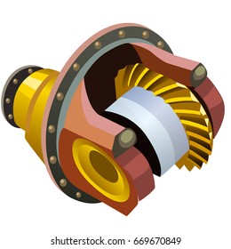 The metal part with a gear transmission system isolated on a white background. Cartoon vector close-up illustration.