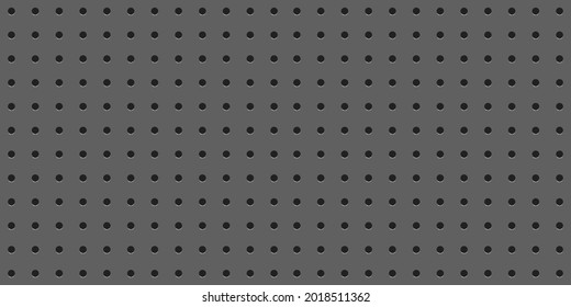 Material de fondo de textura perforada de la placa de la estera metálica con agujeros redondos, ilustración vectorial de la placa de patrón sin soldadura. Estructura de pared para herramientas de banco de trabajo.
