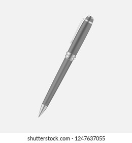 Metal pen isolated on gray background, realistic vector mockup.