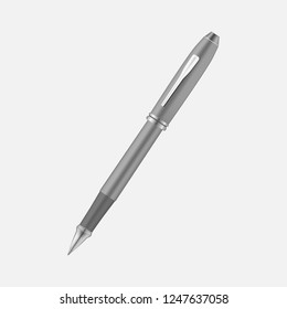 Metal pen isolated on gray background, realistic vector mock-up.