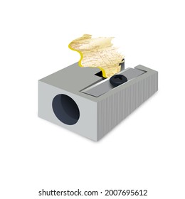metal pencil sharpener with shavings. Vector illustration of sharpening a pencil. Design of a school poster, signboard, booklet, notebook
