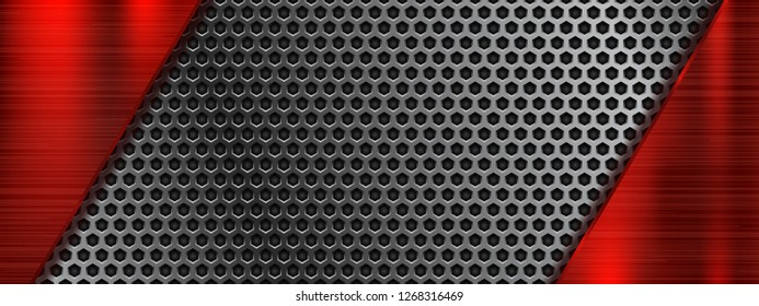 Metal perforated 3d texture with red elements. Vector illustration