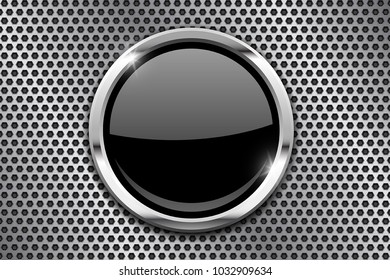 Metal perforated background with black round glass plate. Vector 3d illustration