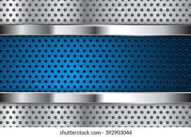 Metal perforated background with blue steel plate. Vector illustration 