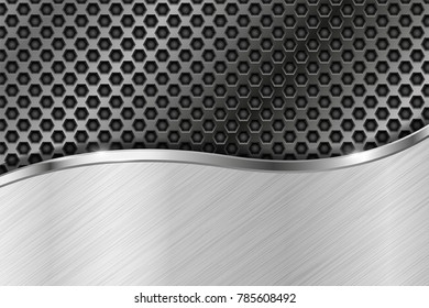 Metal perforated background with brushed element. Vector 3d illustration