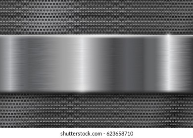 Metal perforated background with brushed plate. Vector 3d illustration