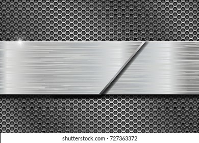 Metal perforated background with brushed plate. Vector 3d illustration