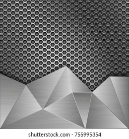 Metal perforated background with brushed metal polygonal elements. Vector 3d illustration