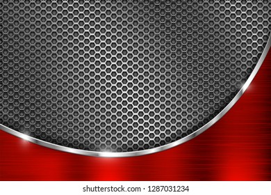 Metal perforated background with brushed red iron wave. Vector 3d illustration