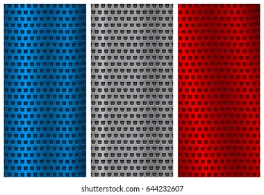 Metal perforated background. Colored set. Vector 3d illustration
