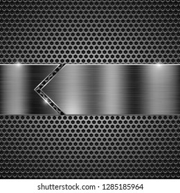 Metal perforated background with iron shiny plate. Vector 3d illustration