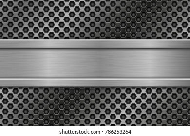 Metal perforated background with metal plate. Vector 3d illustration
