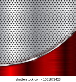 Metal perforated background with red chrome wave. Vector 3d illustration