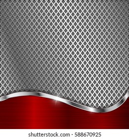 Metal perforated background with red chrome curve element. Diamond shape holes. Vector 3d illustration.