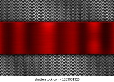 Metal perforated background with red plate. Vector 3d illustration