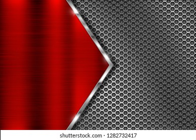 Metal perforated background with red triangle iron plate. Vector 3d illustration
