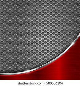 Metal perforated background with red wave steel element. Vector 3d illustration