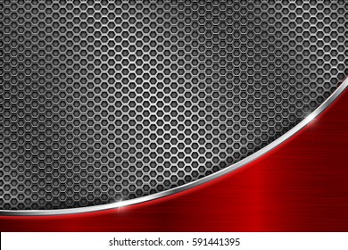 Metal perforated background with red wave. Vector 3d illustration