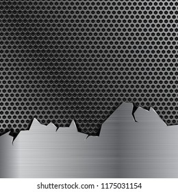 Metal perforated background with stainless steel element with torn edges. Vector 3d illustration