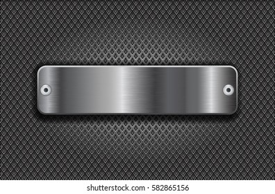 Metal perforated background with stainless steel long button with rivets. Vector 3d illustration.