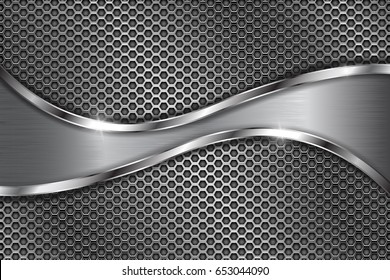 Metal perforated background with stainless steel wave. Vector 3d illustration