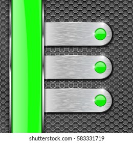 Metal perforated background with steel plates and green glass stripe. Vector 3d illustration