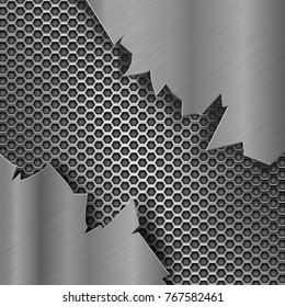 Metal perforated background with torn metal edges. Vector 3d illustration