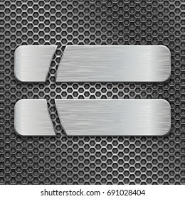 Metal perforated background with two long cut iron plates. Vector 3d illustration