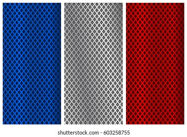 Metal perforated backgrounds. Blue, silver and red flyer templates. Vector 3d illustration