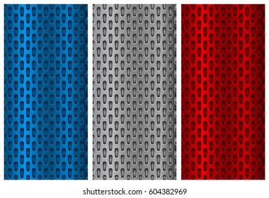 Metal perforated backgrounds. Blue, silver and red flyer templates. Vector 3d illustration