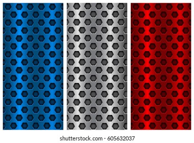 Metal perforated backgrounds. Blue, silver and red flyer templates. Vector 3d illustration