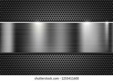 Metal perforated texture with steel horizontal element. Vector 3d illustration