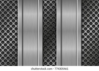 Metal perforated texture with vertical iron plates. Vector 3d illustration