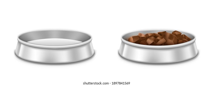 Metal pet bowls, empty and full of food plate for dog or cat. Vector realistic mockup of chrome dish with pile of meat, dry or wet feed for domestic animals isolated on white background