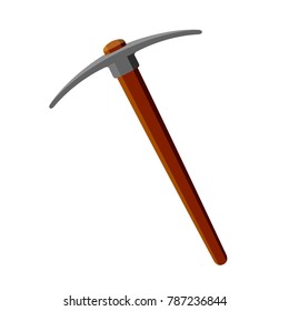 Metal pickax with brown wooden handle