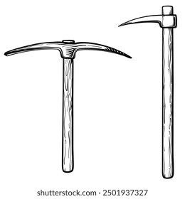 Metal pickaxe with wooden handle. Vector illustration of pickaxe on white background.