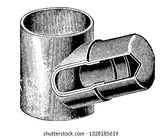 Metal piece mainly attached to the main frame of the bicycle under the headset for support. The top tube is attached to it, vintage engraved line art illustration. Bicycle Accessories - 1900