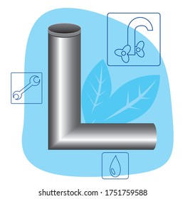 Metal pipe with bend and outline icon of wrench, faucet and water drop as a concept of plumbing. Flat vector stock illustration with a bent pipe and leaves on the background for plumbing services