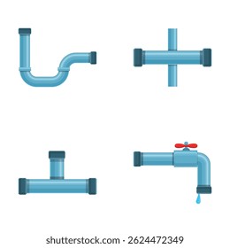 Metal pipe icons set cartoon vector. Pipeline part, valve and plumbing. Construction and industrial technology