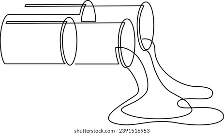 Metal pipe with liquid flowing out. Continuous line drawing. Vector illustration.